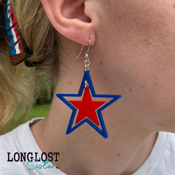 Blue Red Star Dangle Earrings