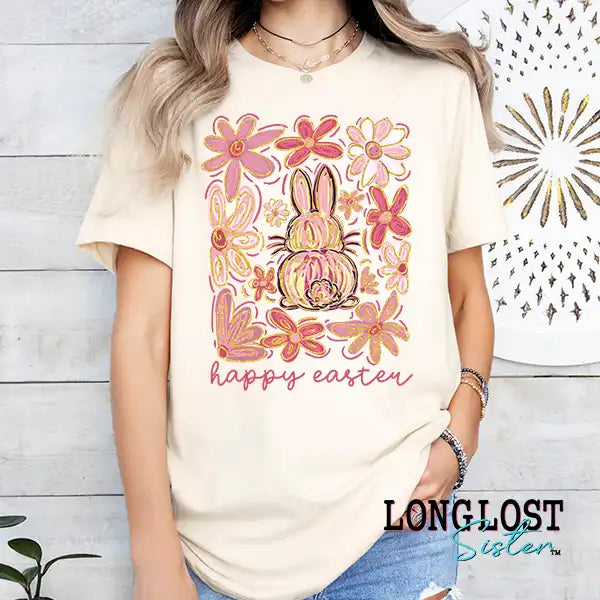 Happy Easter Boho Bunny and Flowers Graphic T-shirt | Long Lost Sister Boutique