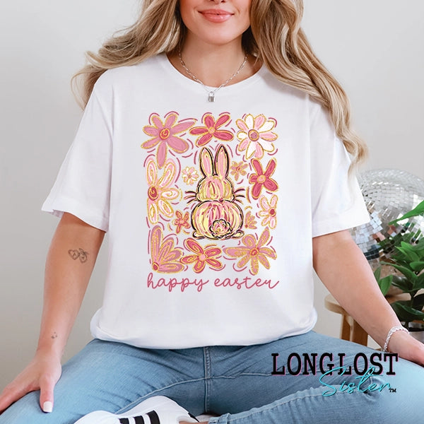 Happy Easter Boho Bunny and Flowers Graphic T-shirt | Long Lost Sister Boutique