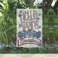 Hello Spring Pink and Blue Personalized Garden Flag | Long Lost Sister Boutique