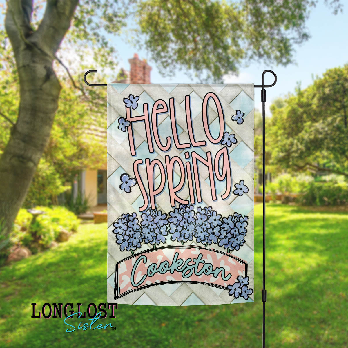 Hello Spring Pink and Blue Personalized Garden Flag | Long Lost Sister Boutique