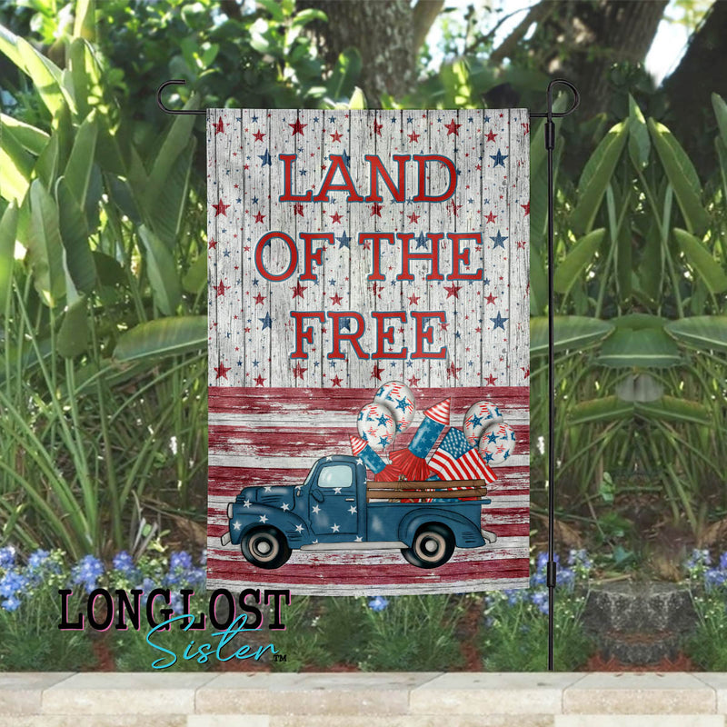 Land of the Free Patriotic Truck Red White and Blue Garden Flag | Long Lost Sister Boutique