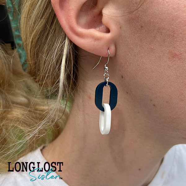 Navy & White Oval Linked Earrings