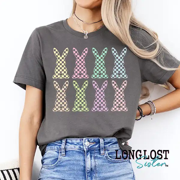 Pastel Checker Bunnies Easter Graphic T-shirt | Long Lost Sister Boutique