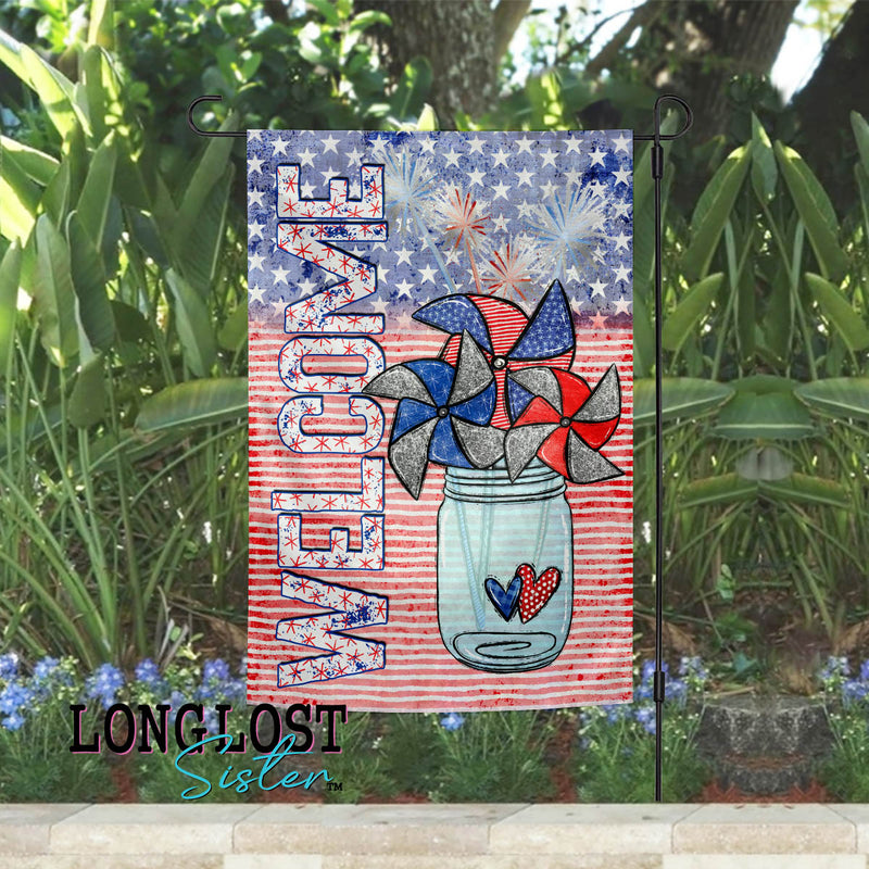 Patriotic Pinwheels Welcome Red White and Blue Garden Flag | Long Lost Sister Boutique