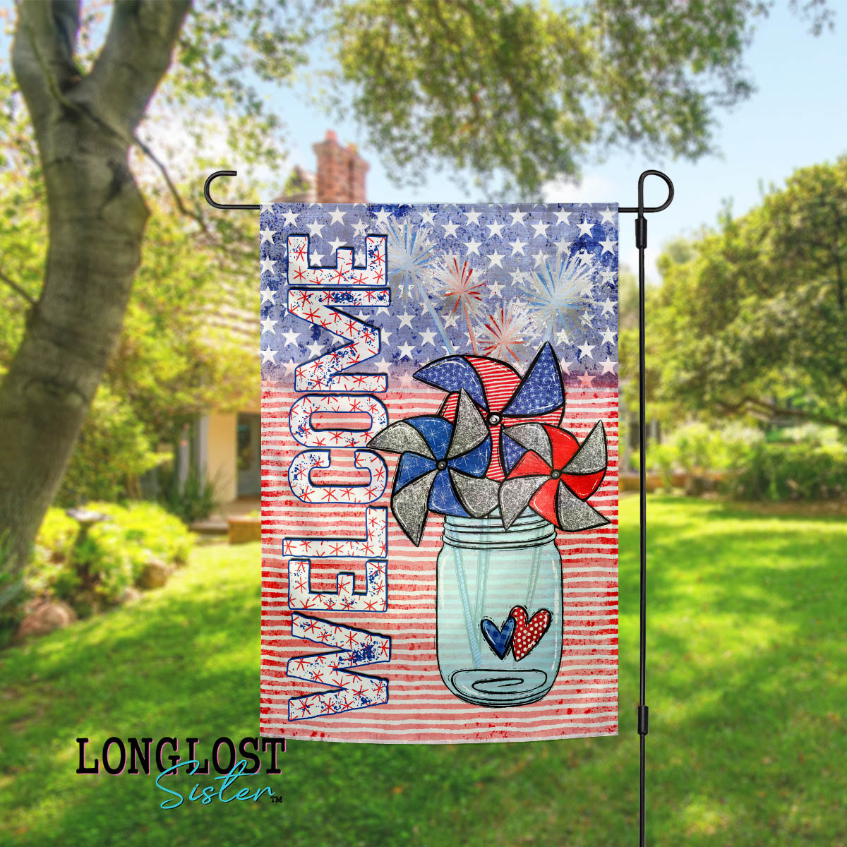 Patriotic Pinwheels Welcome Red White and Blue Garden Flag | Long Lost Sister Boutique