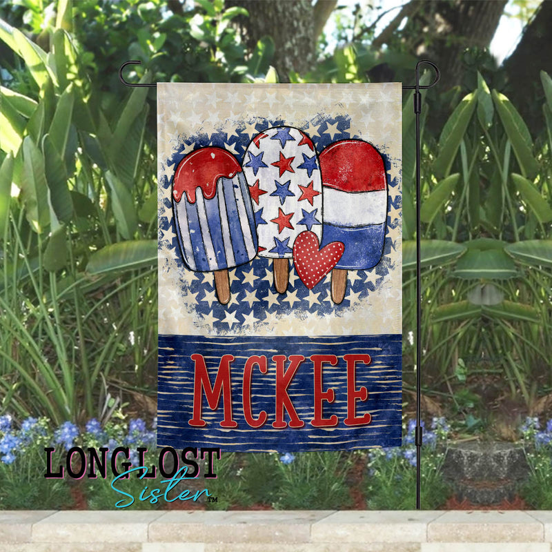 Patriotic Popsicles Red White and Blue Personalized Garden Flag | Long Lost Sister Boutique