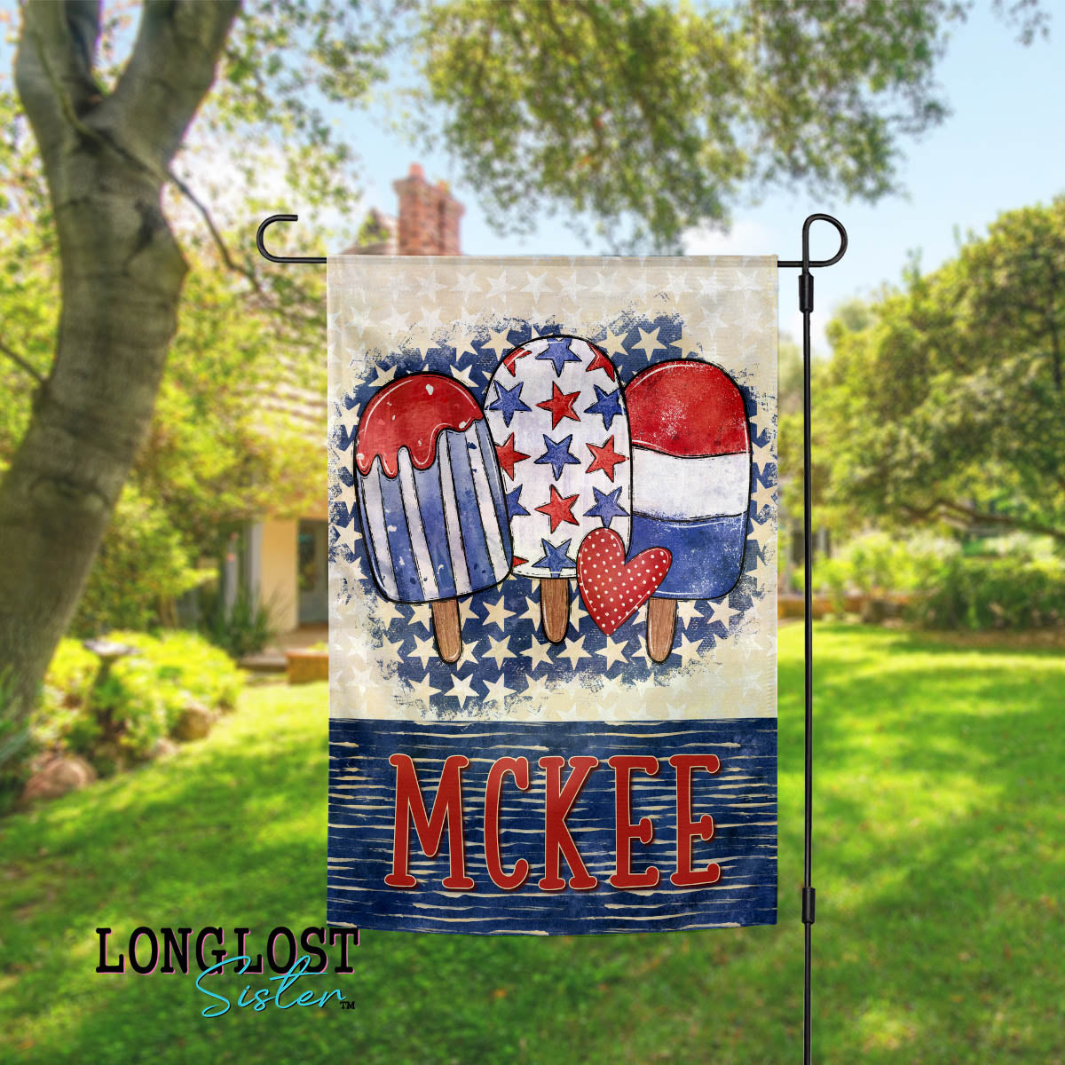 Patriotic Popsicles Red White and Blue Personalized Garden Flag | Long Lost Sister Boutique