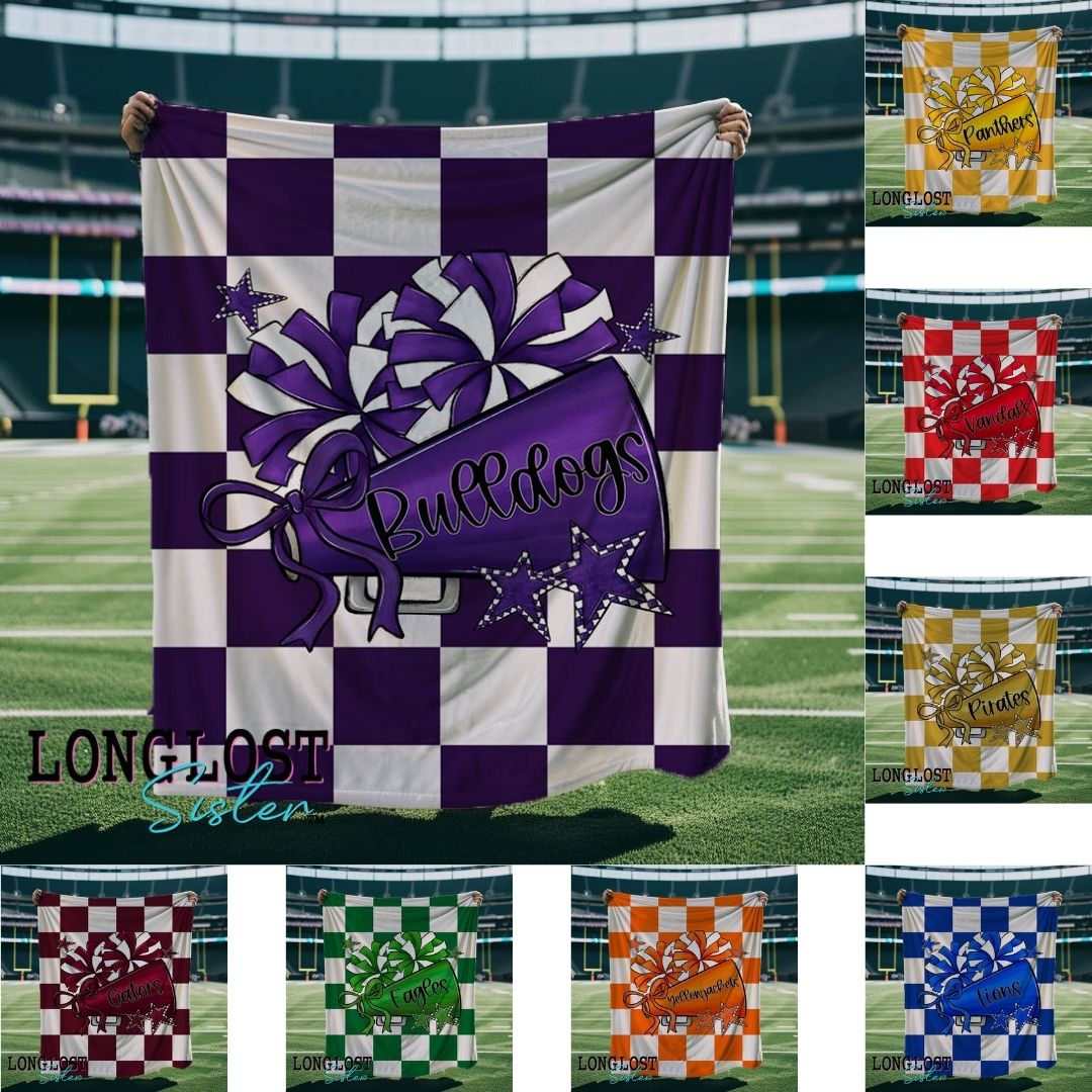 Cheer Megaphone Checkered Personalized Mascot Blanket | Long Lost Sister Boutique