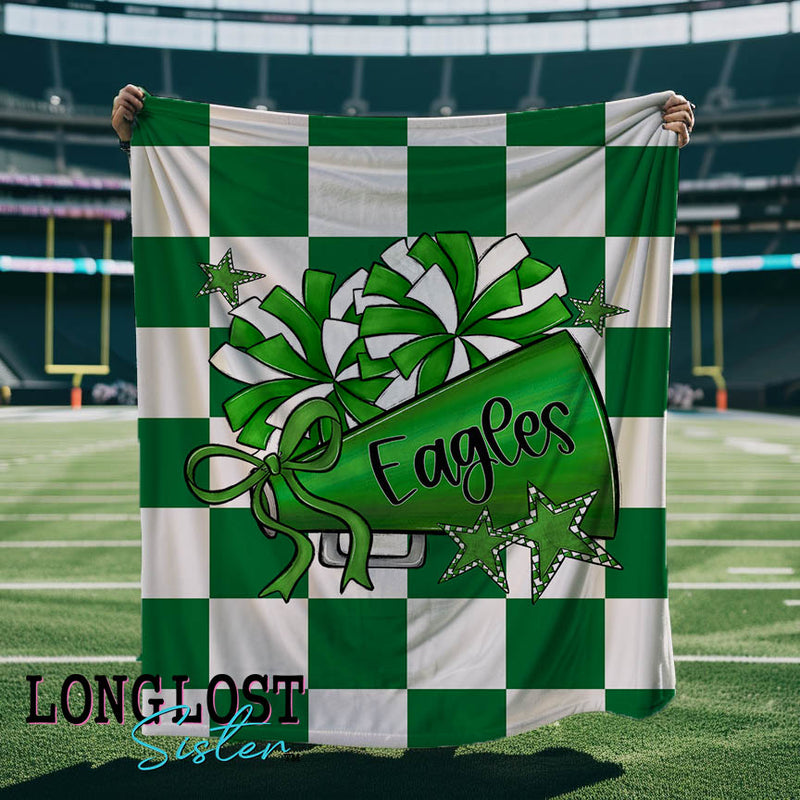 Cheer Megaphone Checkered Personalized Mascot Blanket | Long Lost Sister Boutique