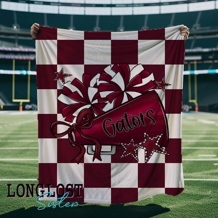 Cheer Megaphone Checkered Maroon Custom Mascot Blanket | Long Lost Sister Boutique