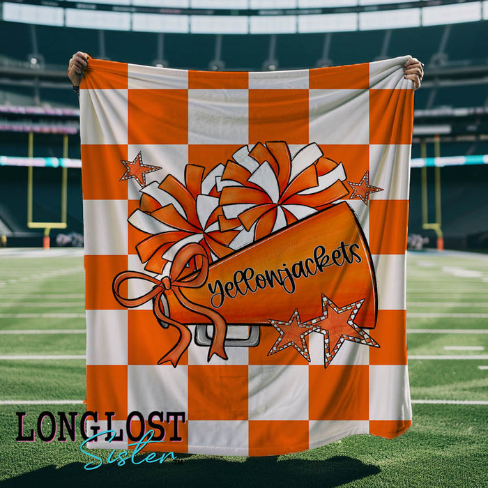 Cheer Megaphone Checkered Orange Custom Mascot Blanket | Long Lost Sister Boutique