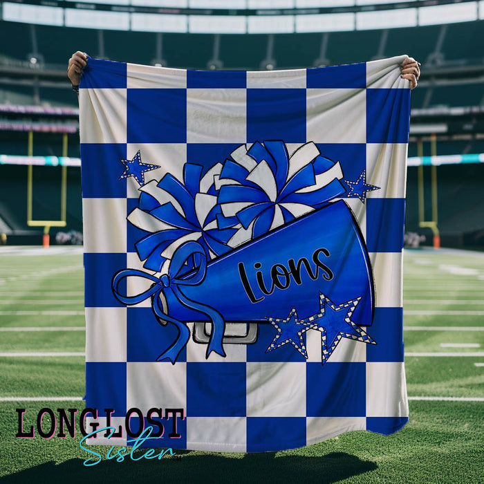 Cheer Megaphone Checkered Royal Blue Custom Mascot Blanket | Long Lost Sister Boutique