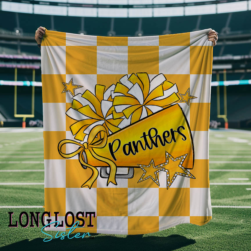 Cheer Megaphone Checkered Yellow Gold Custom Mascot Blanket | Long Lost Sister Boutique