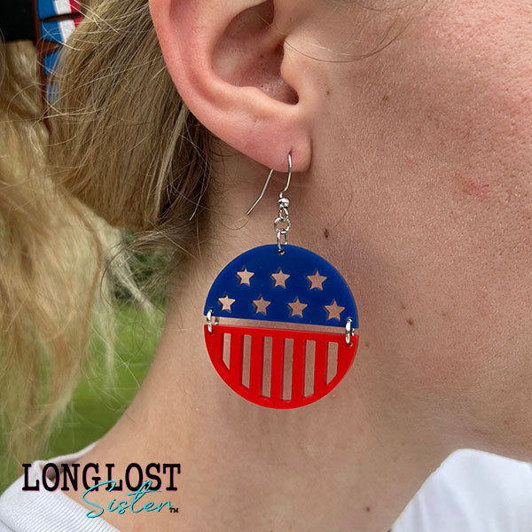 Patriotic Round Star & Stripes Red & Blue Earrings