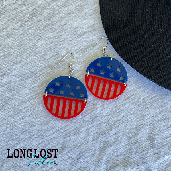 Patriotic Round Star & Stripes Red & Blue Earrings