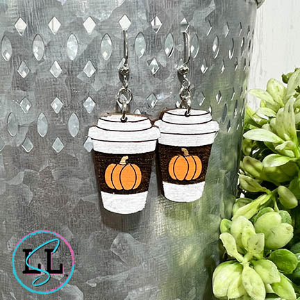 Coffee Cup Pumpkin Hand Painted Wood Dangle Earrings