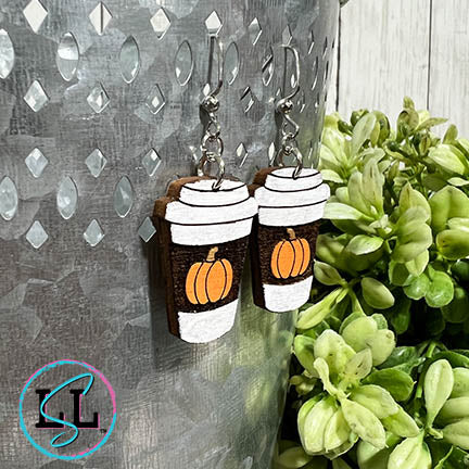 Coffee Cup Pumpkin Hand Painted Wood Dangle Earrings